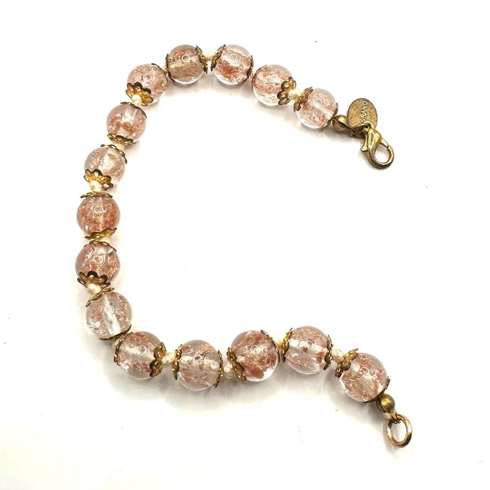 Murano Glass Bead Bracelet Vintage Retro Gold Clear Pink Nude Neutral Beaded